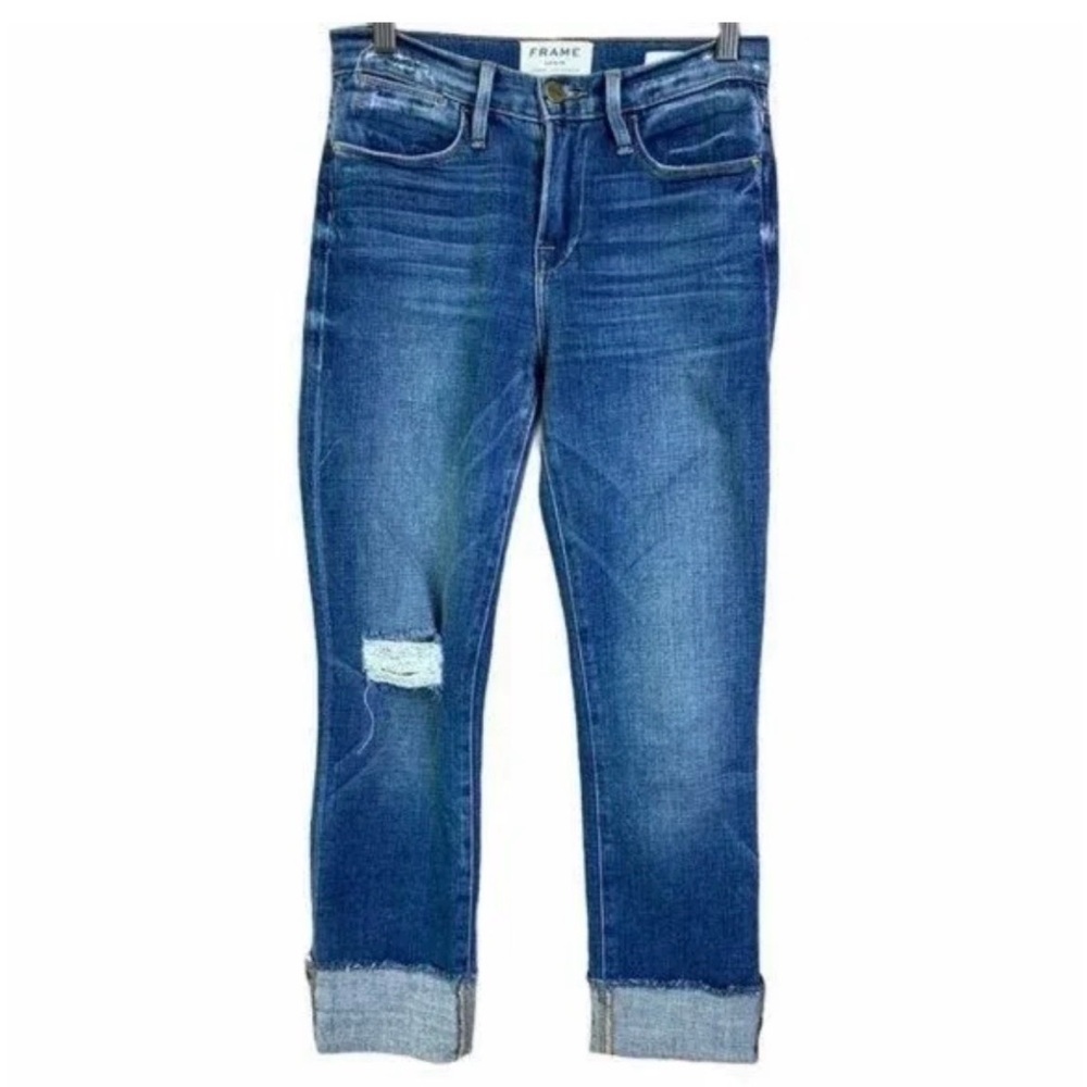 Frame Denim Dark Blue Distressed Cuffed Boyfriend Jeans size 28x28